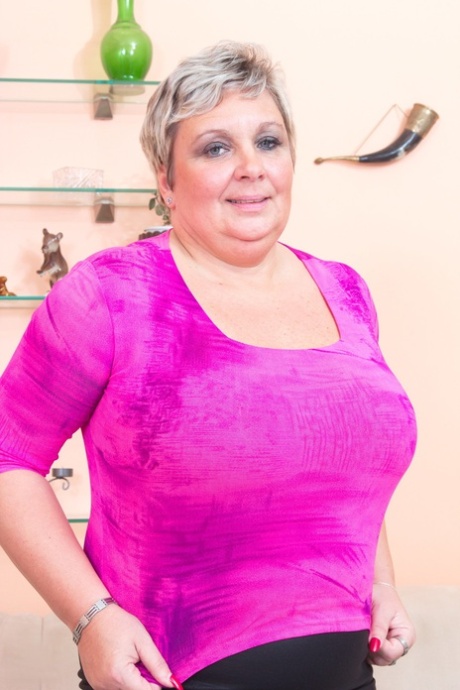 Short-haired mature fatty Mireila reveals her big tits & gets some young cock